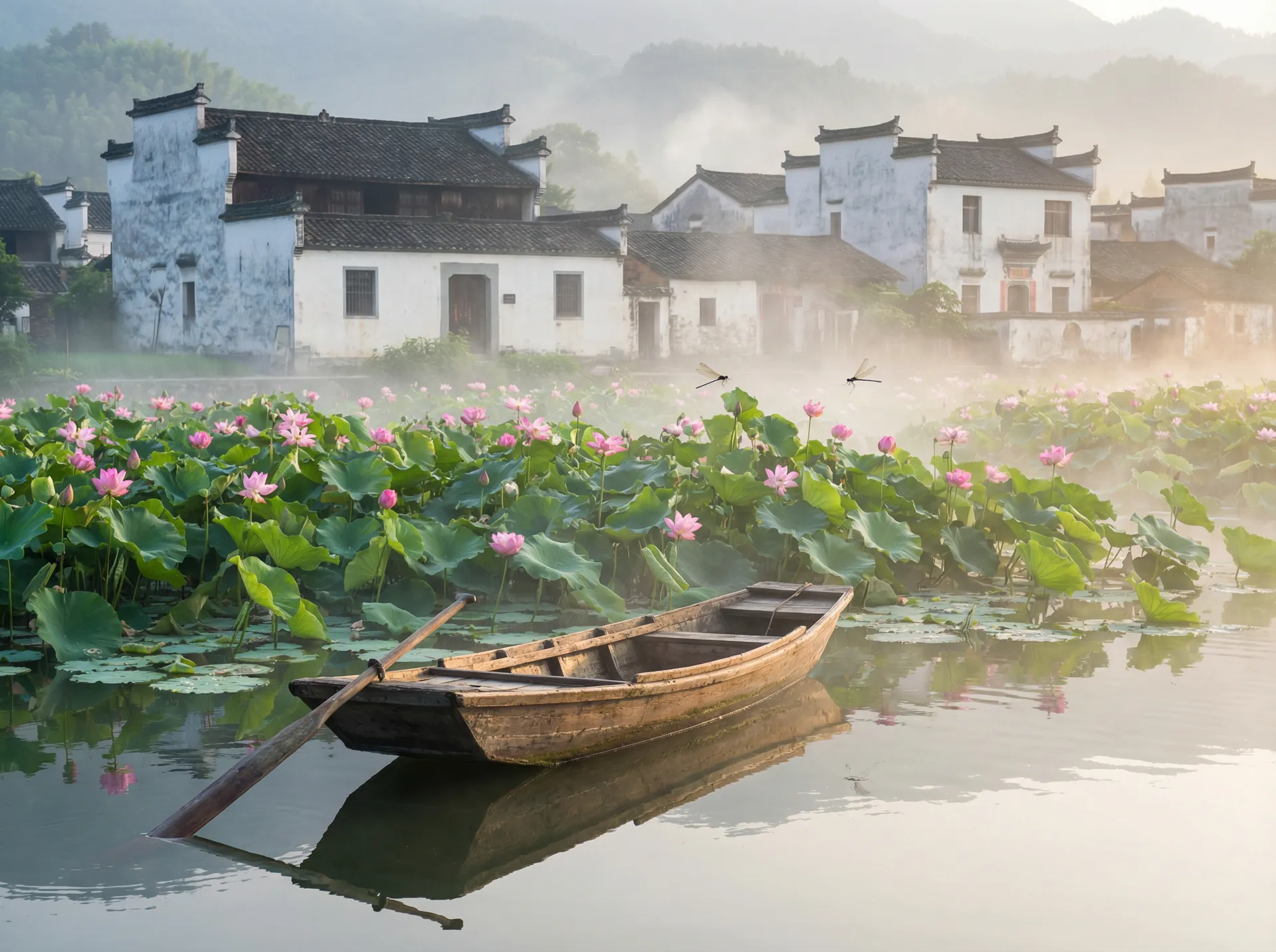 清晨荷塘小舟，粉色荷花盛开，白墙黑瓦的村庄 - sm露出 水乡风情